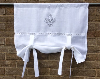 Tie Up Window Curtain with Monogram, Fleur de Lis French Linen White Shade, Machine Embroidery, Length 40 inch