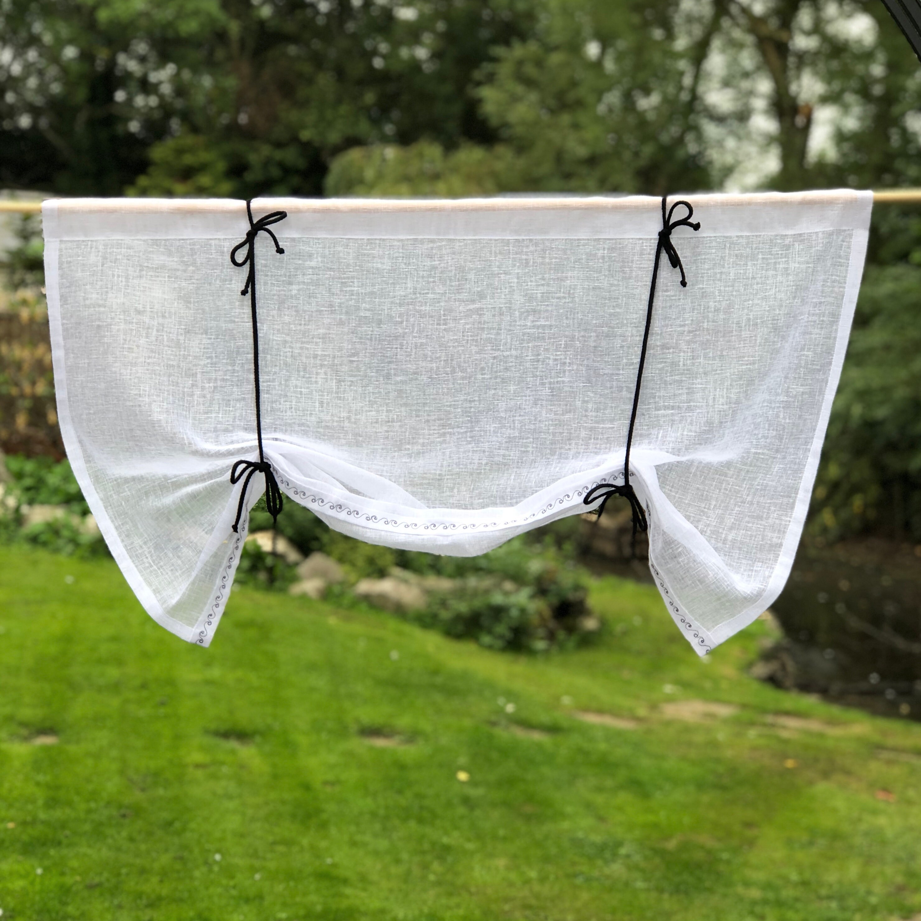 White Sheer Linen Custom Tie Up Curtain, House Address Embroidery Maison de Luxe Kitchen Bathroom Fr