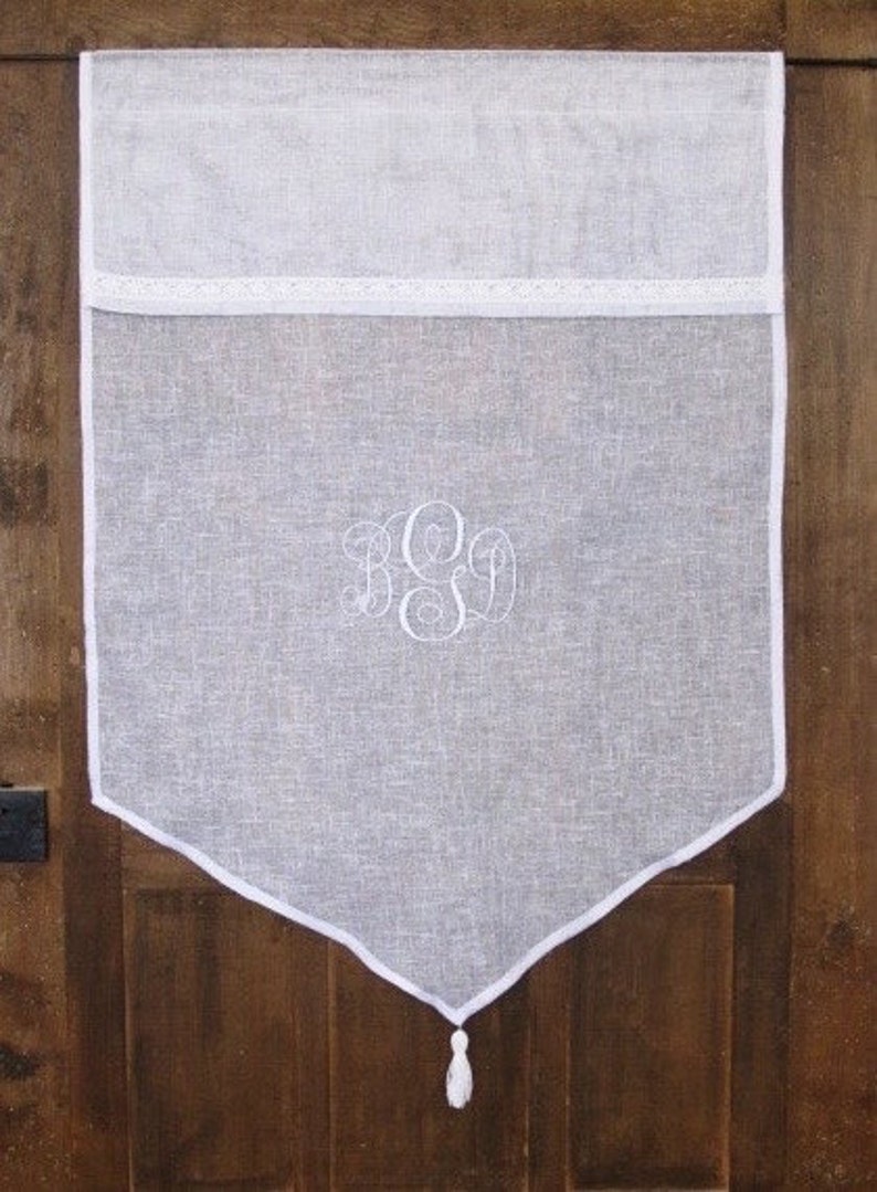 Embroidered Monogram White Tassel Kitchen Curtain Sidelight Panel French Decor Bathroom Curtain