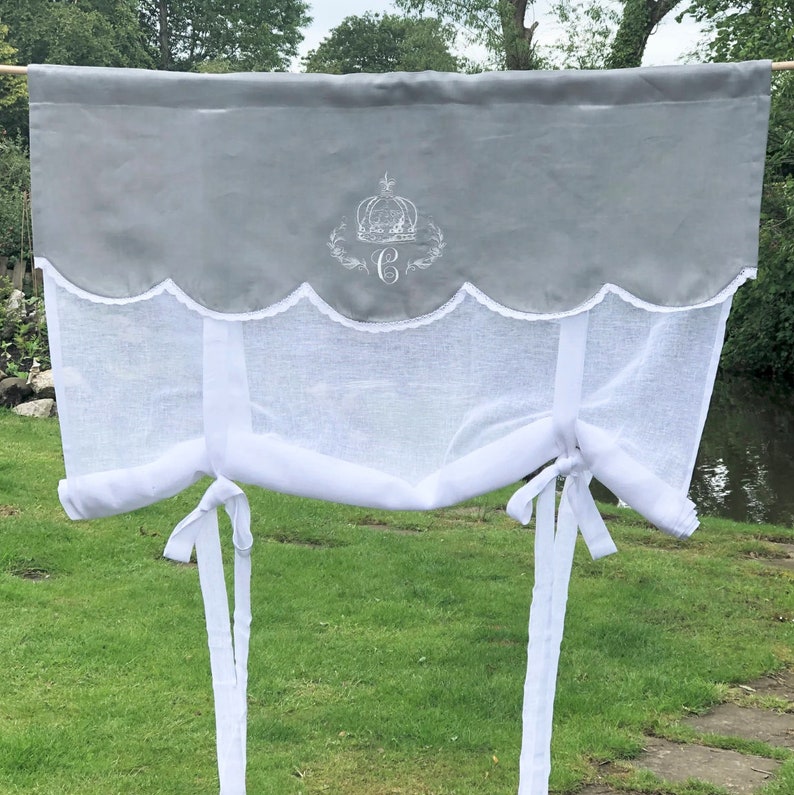 Linen Tie up Curtain With Crown Monogram Grey Valance Roll Etsy