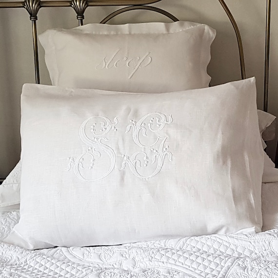 White 100% Linen Standard Pillow Sham, Hemstitch, Embroidered