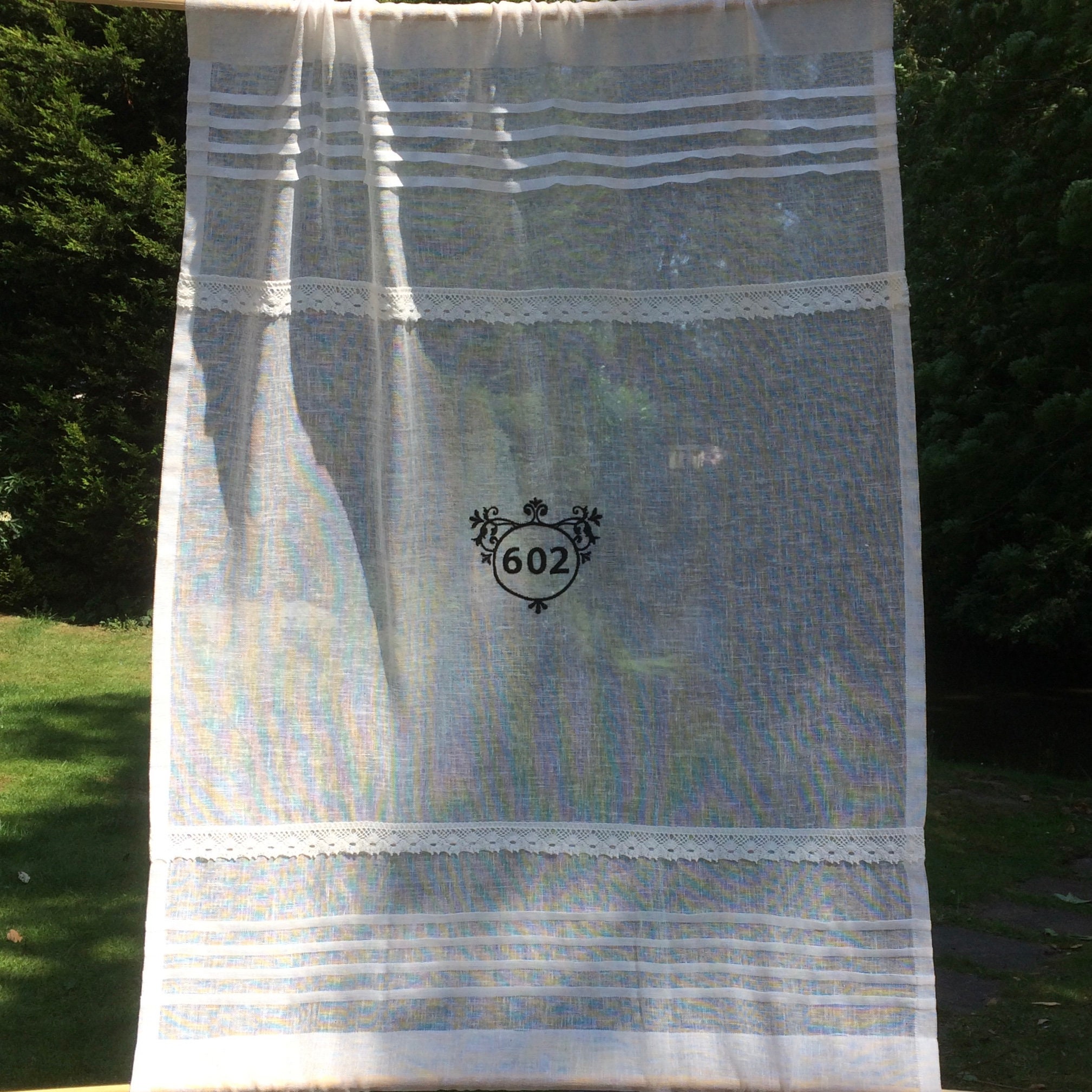 Panneau de Porte, Rideau Dentelle en Lin Crème Pure, Poches Tringle Haut et Bas, Broderie Machine Nu