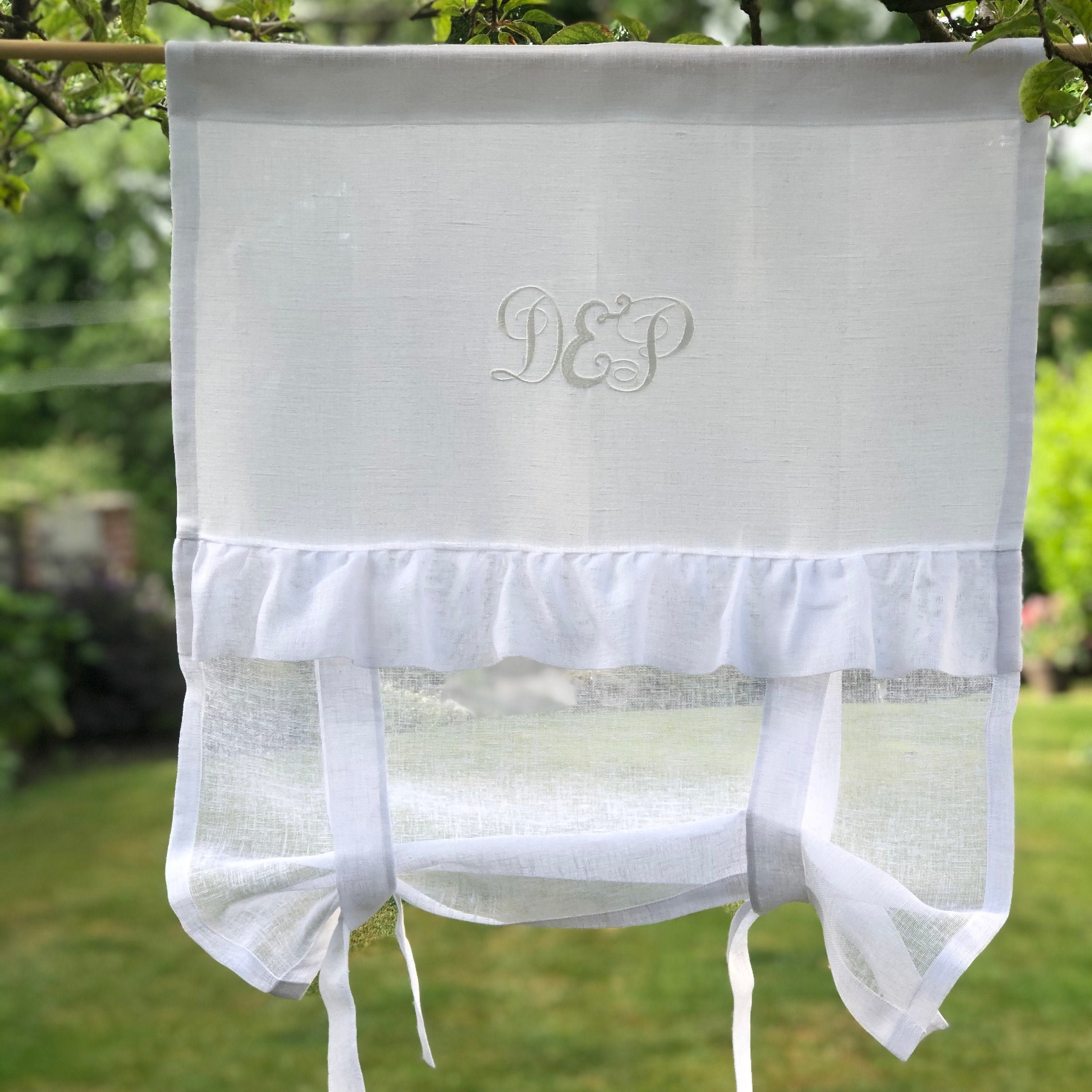 Panneau d'attache de Salle Bains, Lin Blanc, Rideau Fenêtre Romantique Volant Chic Shabby, Monogramm