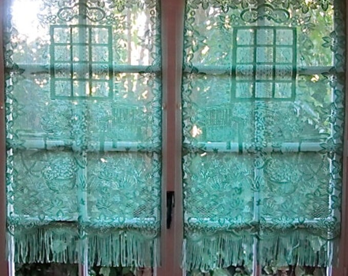 Green Lace Curtains Kitchen Curtains Green Lace Cottage Etsy