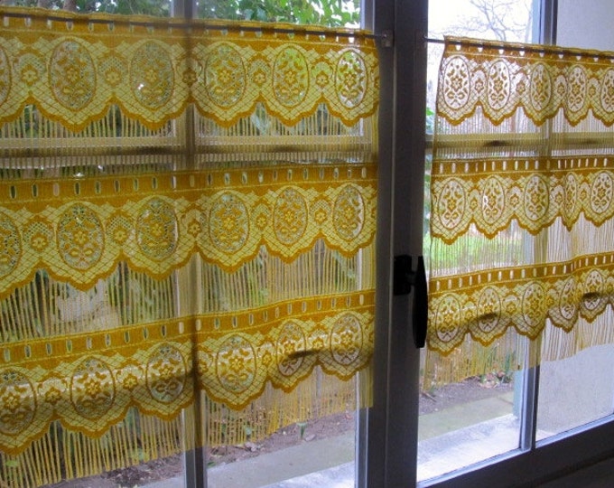 Yellow Lace Curtains Pair French Cafe Curtains Golden Etsy
