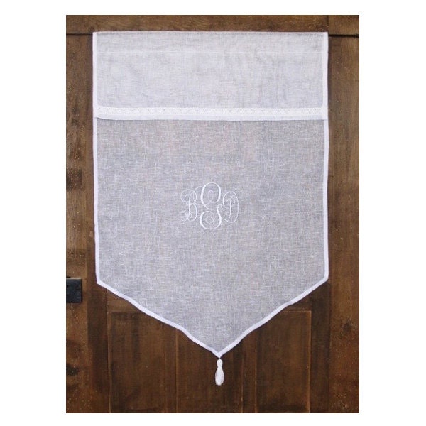 Brise Bise, Linen French Window Curtain, Embroidered Monogram, White Tassel Kitchen Cafe Curtain, Wedding Gift, Bathroom Curtain