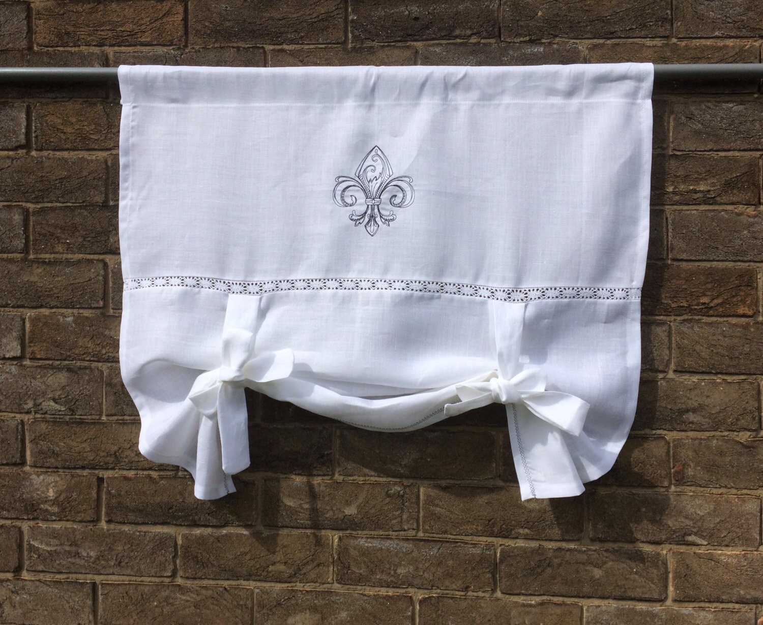 White Linen Tie Up Curtain Monogram Vintage Fleur de Lis Etsy