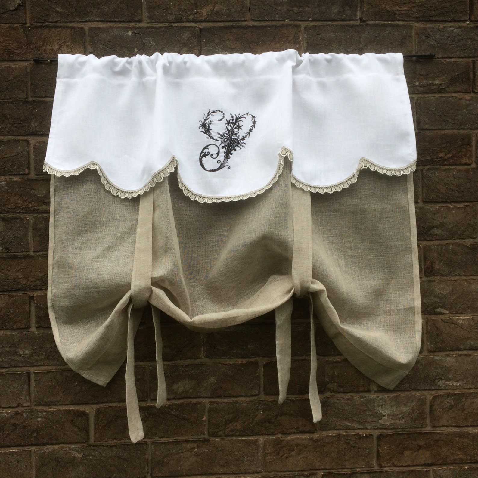 Linen Valance Antique Embroidered Monogram Natural Sheer Tie Etsy