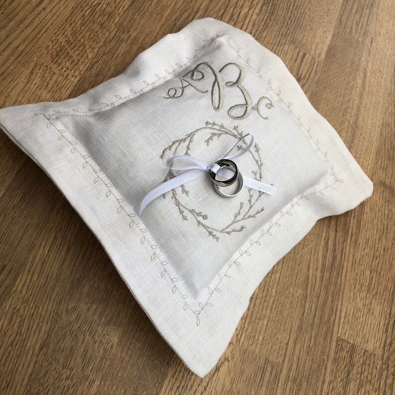 Ring Bearer Pillow Personalized Monogram Grey Ribbon White Linen Cushion Custom Embroidery
