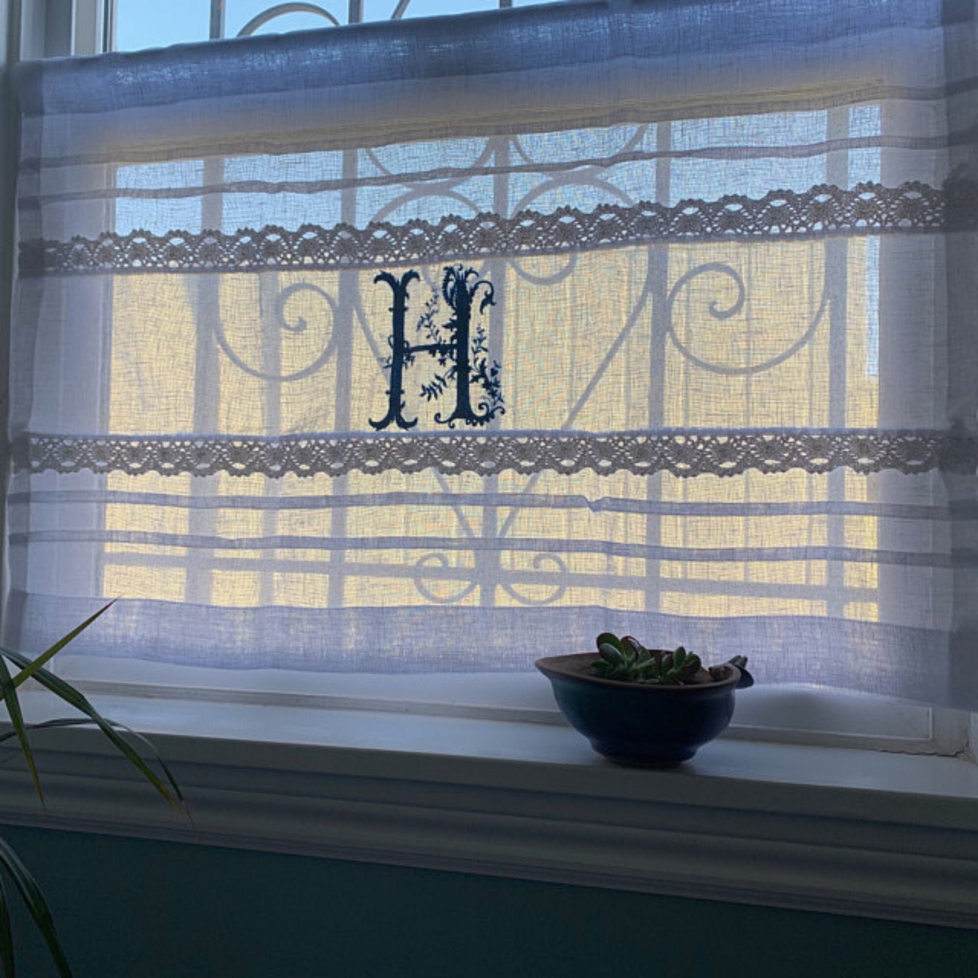 Panneau de Porte, Rideau Dentelle en Lin Blanc, Poches Tringle Haut et Bas, Monogramme, Lumière Laté