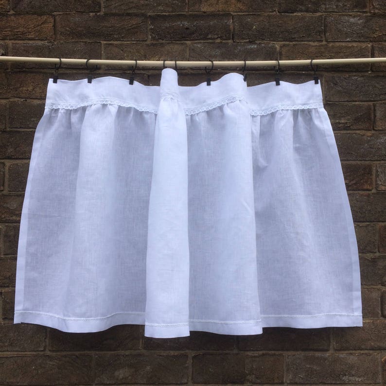 Gathered French Kitchen Curtain White Linen Lace Cafe Curtain Farmhouse