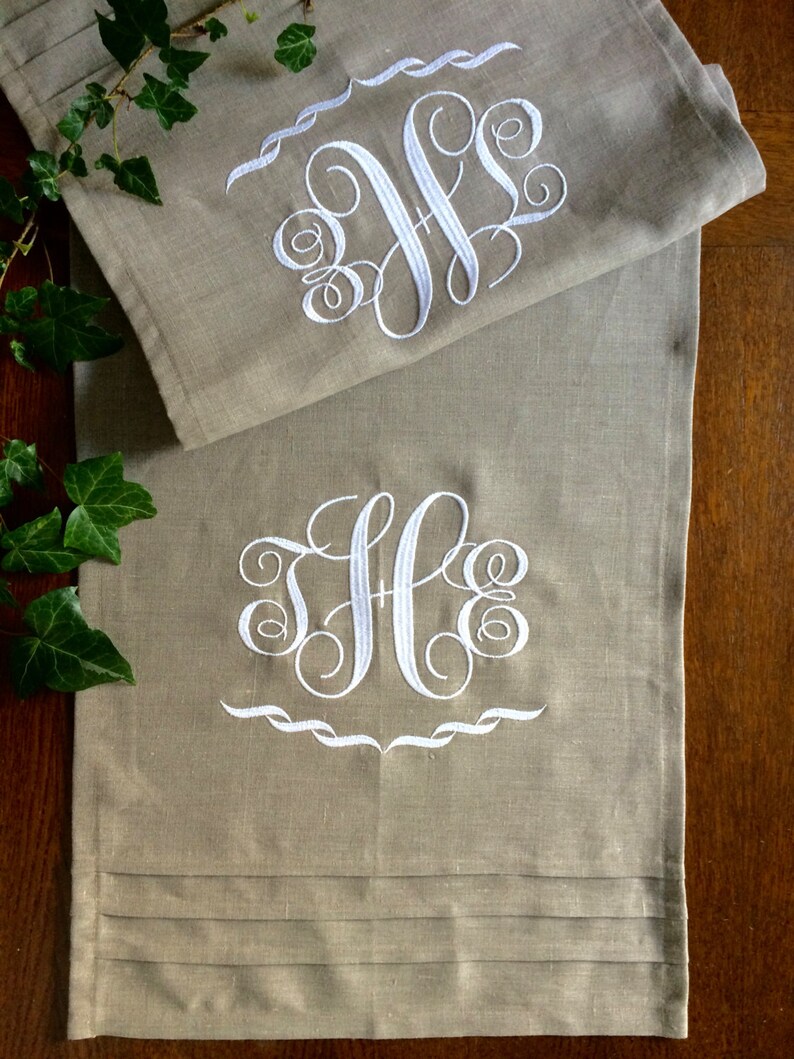 Custom Monogram Table Runner Embroidered Natural Linen Buffet Etsy