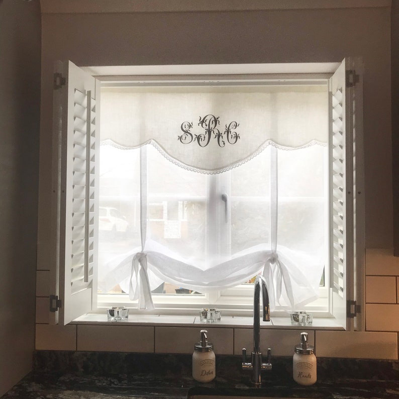 White Linen Tie up Curtain With French Monogram Valance Etsy