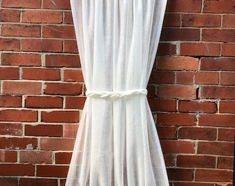 Sheer Linen Sidelight Panel, Rope Tie, White, Ivory, Natural, Privacy Door Curtain, Height 61-96 inches. Double Rod Pockets