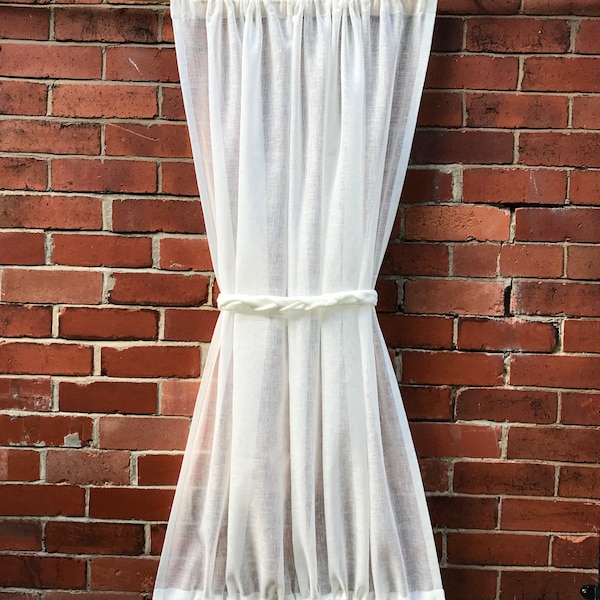 Custom Sheer Linen Door Panel, Rope Tie, White, Ivory, Natural, Sidelight Privacy Curtain, Height 61-96 inches. Double Rod Pockets