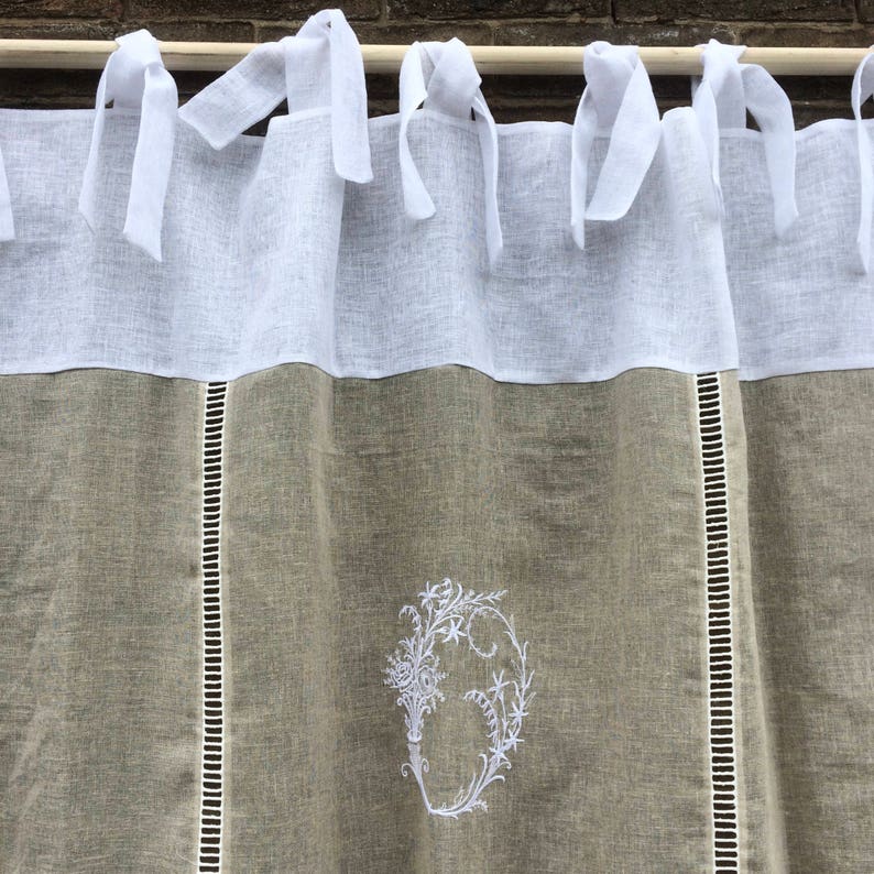 Linen Window Panel, Personalized Monogram, White Ecru Shabby Chic Drapery Curtain, French Decor image 4