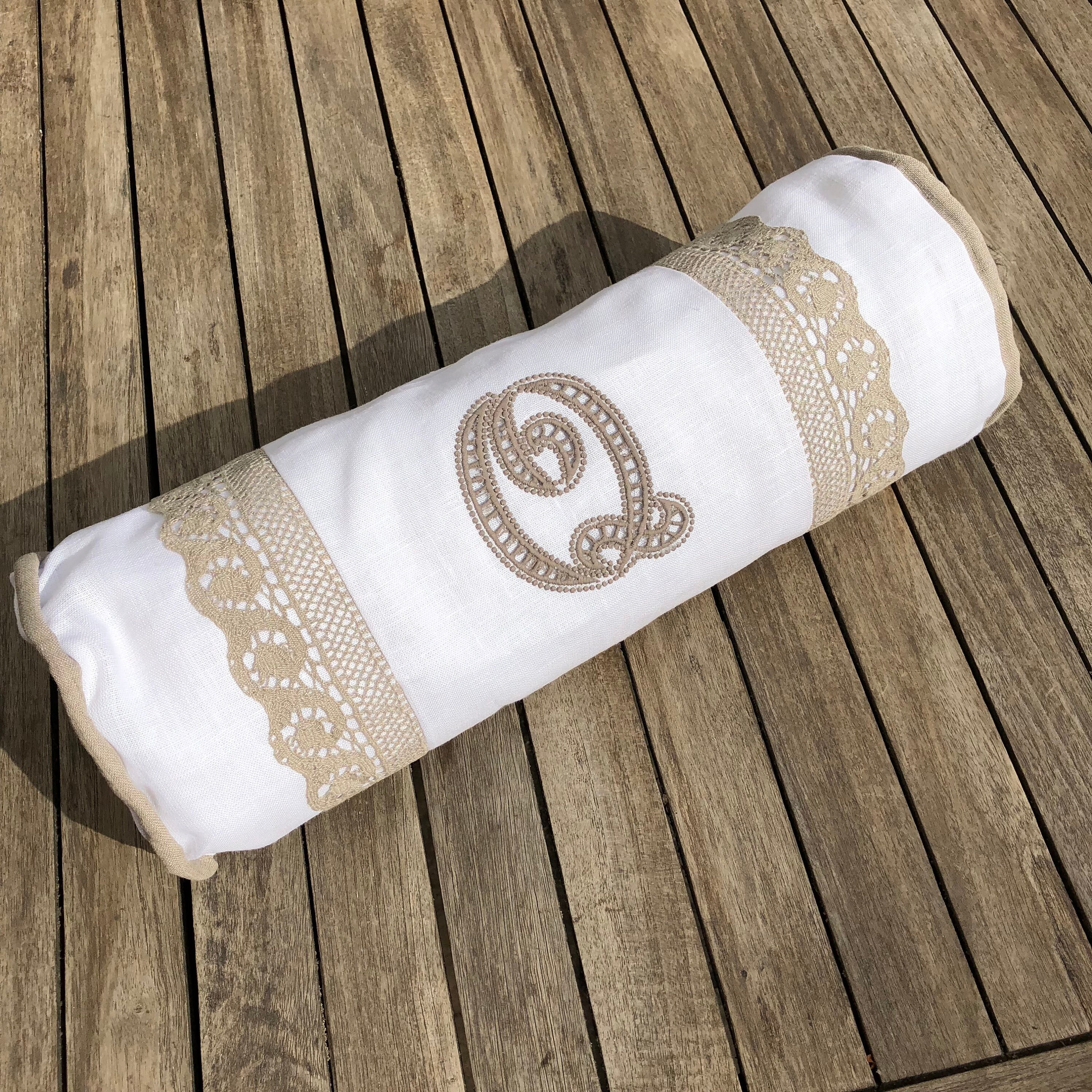 Oreiller de Traversin Personnalisé, Lin Blanc Pur, Dentelle Monogramme Brodée Découpe Naturelle, Cad
