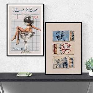 Retro Wall Art Set | Yankees Matchbook & Disco Cocktail Print | Digital Download for Bar Cart, NYC Decor, or Y2K Glam Room