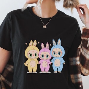 Pastel Labubu Trio T-shirt Kawaii Matching Shirt for Besties Cute Bunny Friends Holding Hands   Soft Aesthetic Unisex Gift Idea
