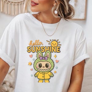 Labubu shirt Hello Sunshine T-shirt  Kawaii Bunny in Raincoat with Sun  Hearts Cute Positive Shirt Spring Summer Aesthetic Unisex Gift