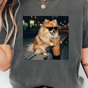 Funny Pomeranian Drinking Iced Coffee T-Shirt,Dog Owner Gift,Dog Meme Graphic Tee,Coffee Dog Shirt,Gift For Animal Lover,Funny Dog Shirt