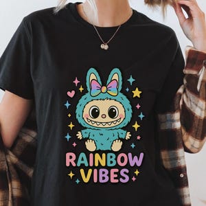 Rainbow Vibes T-shirt Kawaii Bunny with Pastel Bow e Stars gift for frined Positive Cute Shirt Soft Aesthetic Unisex Gift for Colorful Souls