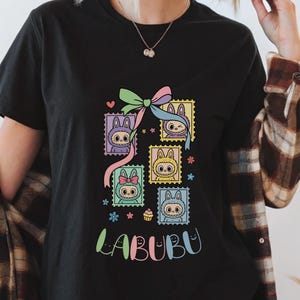 Labubu Pastel Stamp T-shirt  Cute Bunny Collage with Bow e Flowers  Kawaii Letter Style Shirt Gift for Planner e Scrapbook Lovers