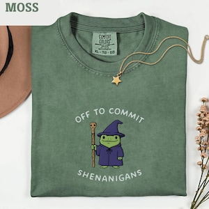 May include: A moss green t-shirt featuring the phrase "OFF TO COMMIT SHENANIGANS" and a cartoon frog wizard. A gold star pendant necklace and a brown hat are also visible.