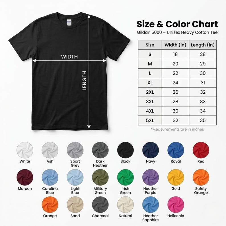Gildan 5000 Unisex Heavy Cotton Tee, Size and Color Chart, Multiple Sizes S to 5XL, 20 Color Options, Black, White, Red, Blue, Green