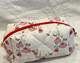 Handmade Quilted Makeup Bag, Vintage Rose Floral Cat Print, Cotton Cosmetic Pouch