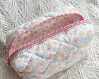 Handmade Quilted Makeup Bag | Pastel Floral Cotton Cosmetic Pouch