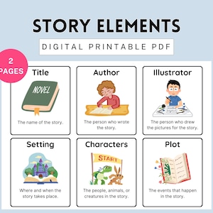 May include: Digital printable PDF titled "Story Elements" with illustrations of story components. Includes title, author, illustrator, setting, characters, and plot. The text "2 pages" is in a pink circle.