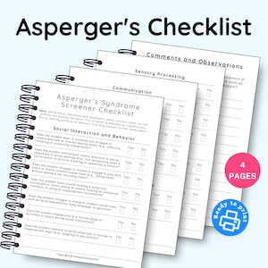 Può includere: Un elenco a spirale intitolato "Asperger's Checklist" con quattro pagine. Le pagine includono sezioni su comunicazione, elaborazione sensoriale e interazione sociale. L'elenco è progettato per essere stampato.