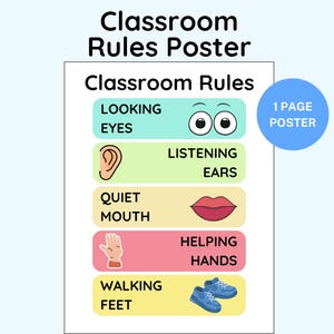 May include: A classroom rules poster with a white background and colourful sections. The poster includes the text "Classroom Rules" and visual cues for "Looking Eyes," "Listening Ears," "Quiet Mouth," "Helping Hands," and "Walking Feet."