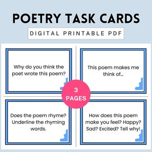 Cartes à tâches de poésie pour enfants | Cartes à tâches d'analyse de poésie | Activités de poésie à imprimer | Cartes de compréhension de poésie | Téléchargement instantané du PDF