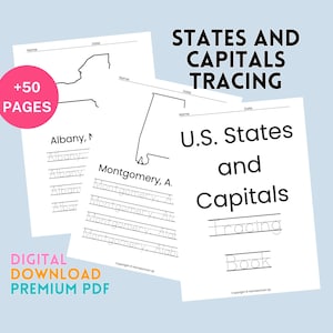US States and Capitals Tracing Workbook | 50 Printable Geography Worksheets | 50 States Worksheets | USA Geography Printables | Instant PDF