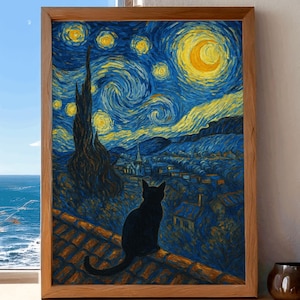 星月夜の猫アートプリント：ゴッホ風（デジタルダウンロード） 画像 1