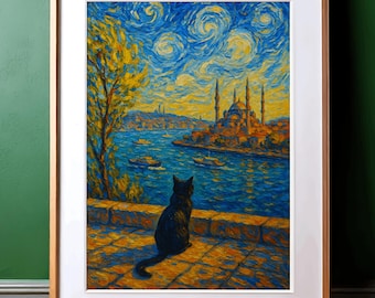 Istanbul Wandkunst, Van Gogh Stil, digitaler Download Katze und Moschee Gemälde, sternenklare Nacht inspiriert Bosphorus Druck, türkische Landschaftsdekor