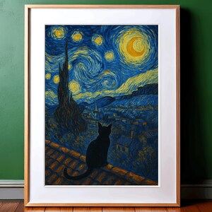 星月夜の猫アートプリント：ゴッホ風（デジタルダウンロード） 画像 2