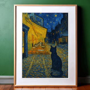 Van Gogh Cat Art Print: Starry Night Cafe Scene (Digital Download)