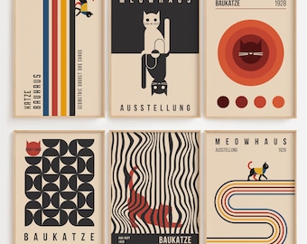 Bauhaus Cat Digital Download | Mid Century Modern Cat Wall Art | Meowhaus Poster Set | Modern Cat Art Print | Retro wall art