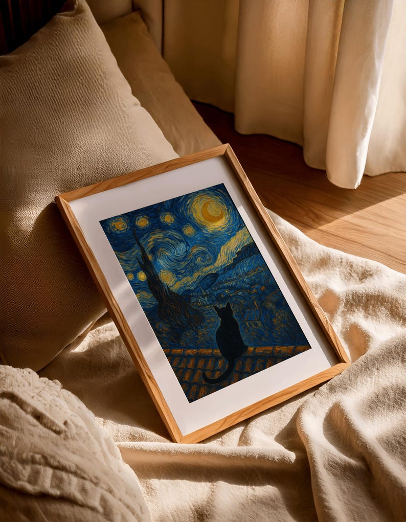 星月夜の猫アートプリント：ゴッホ風（デジタルダウンロード） 画像 3