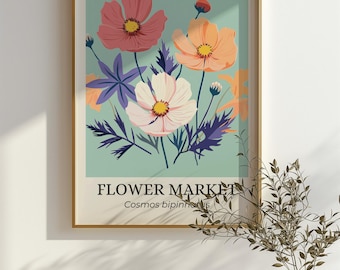 Botanical Cosmos Flowers Art Print, Matte Wall Art, Home Decor, Floral Poster, Nature Art Print, Botanical Wall Decor