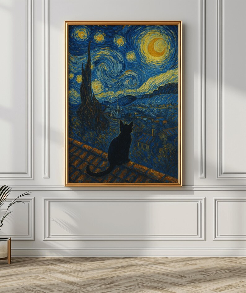 以下が含まれることがあります： 黒い猫が屋根の上に座り、渦巻く夜空を見下ろしています。明るい黄色の月と星が輝いています。この絵は、フィンセント・ファン・ゴッホの「星月夜」のスタイルです。