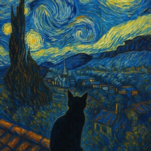 以下が含まれることがあります： 黒い猫が屋根の上に座って、明るい黄色の月と星のある渦巻く夜空を見つめている。空は青と黄色の色合いで描かれており、フィンセント・ファン・ゴッホの「星月夜」を彷彿とさせる。
