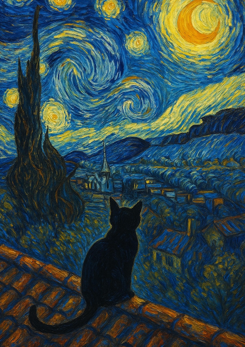 以下が含まれることがあります： 黒い猫が屋根の上に座って、明るい黄色の月と星のある渦巻く夜空を見つめている。空は青と黄色の色合いで描かれており、フィンセント・ファン・ゴッホの「星月夜」を彷彿とさせる。