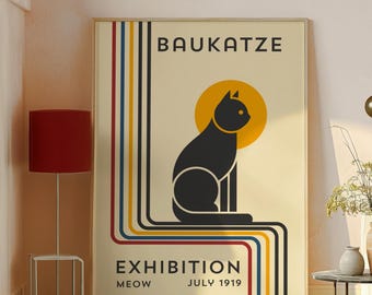 バウハウスの黒猫アートプリント｜ミッドセンチュリーモダン、幾何学模様（デジタルダウンロード）