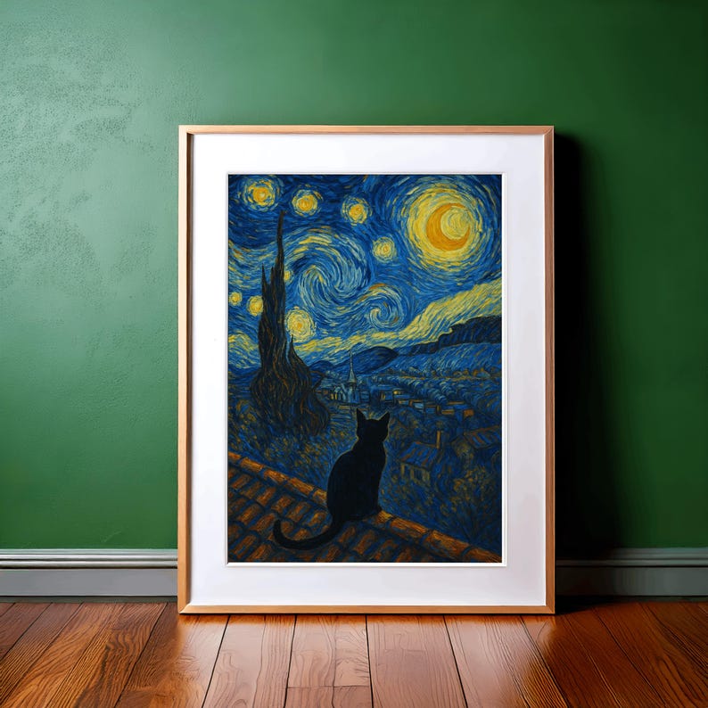 星月夜の猫アートプリント：ゴッホ風（デジタルダウンロード） 画像 2