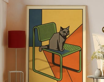 バウハウスの黒猫ポスター｜ミッドセンチュリーモダン幾何学模様プリント（デジタルダウンロード）