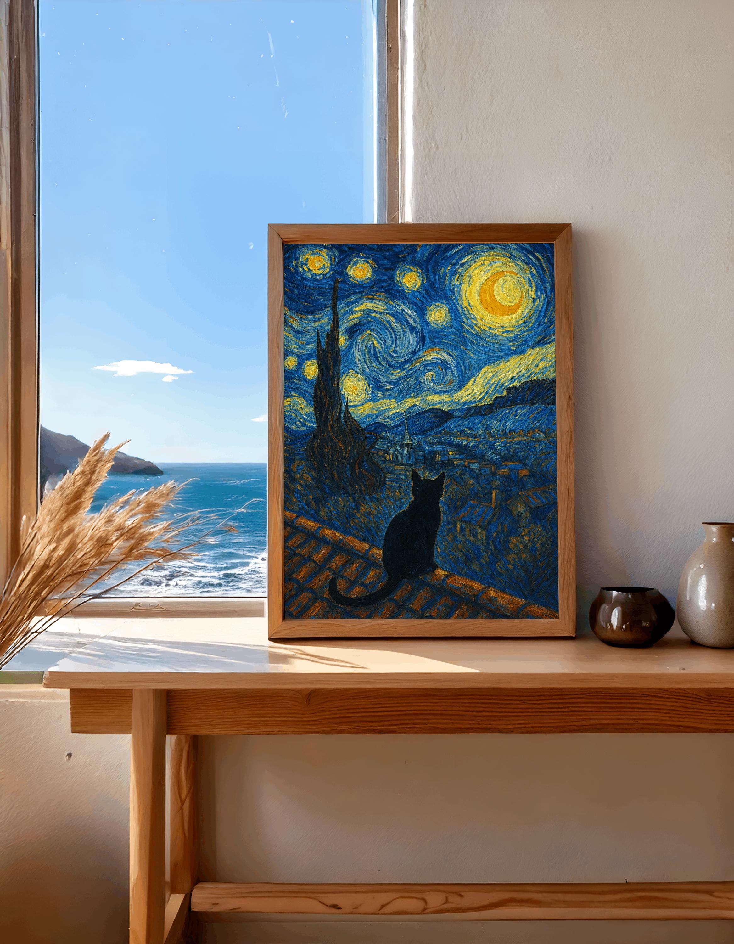 Starry Night Cat Print - Van Gogh Style Wall Art, Mystical Black Cat Silhouette, Instant Download,Printable Vintage Artwork, Printable Decor